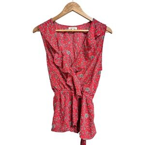 Max Studio Sleeveless red floral Top L Cottagecore Ruffle V Neck Peplum